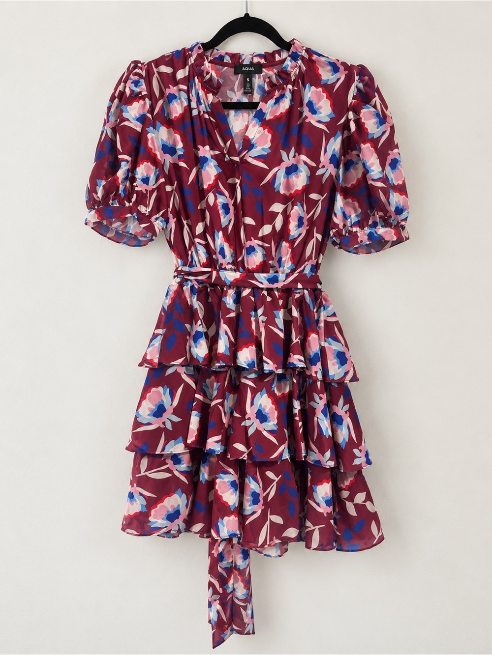 Aqua Burgundy Floral Tiered Mini Dress with Puff Sleeves